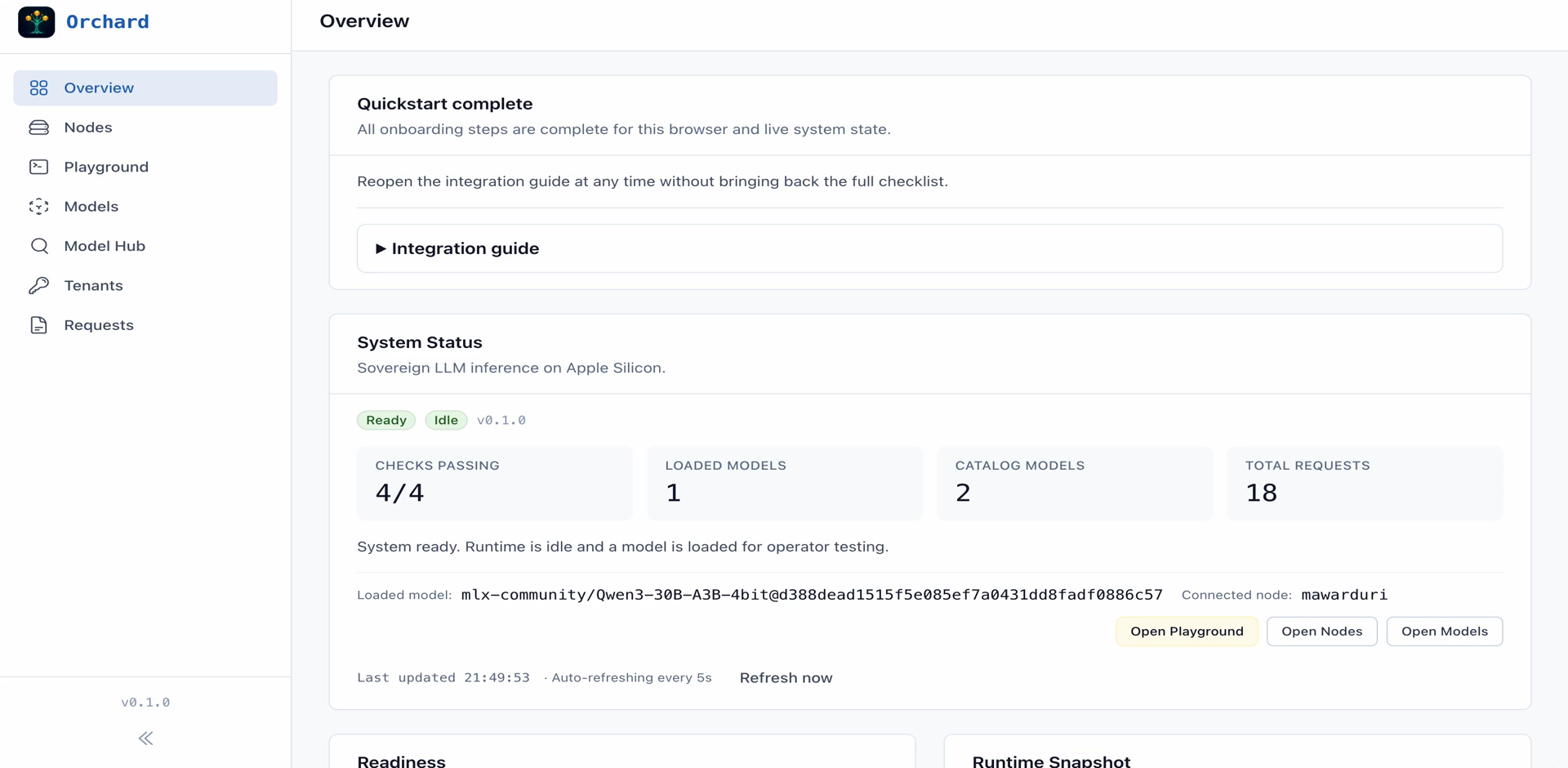 Orchard Console overview showing system status, readiness checks, loaded model, and connected node