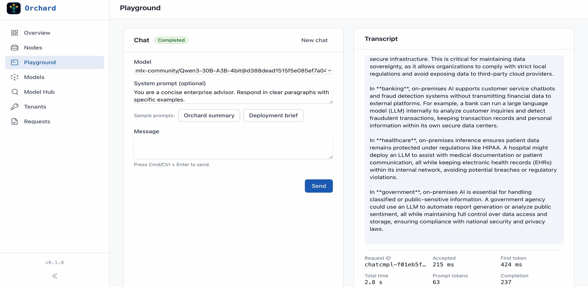 Orchard Console playground showing a 30-billion-parameter model streaming a response locally with real-time metrics
