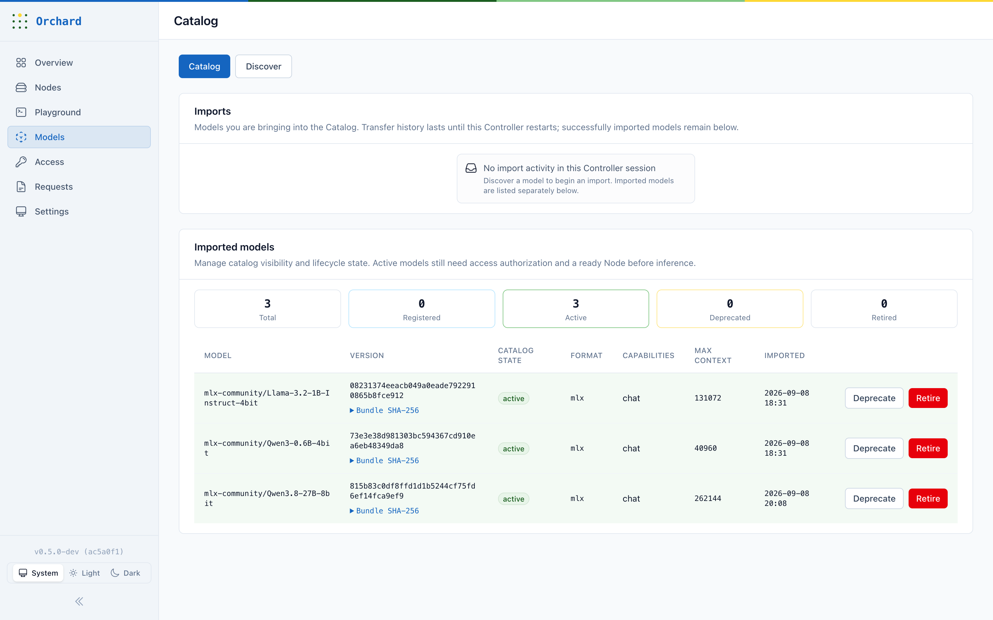 Orchard Console Model Catalog showing imported models and lifecycle states