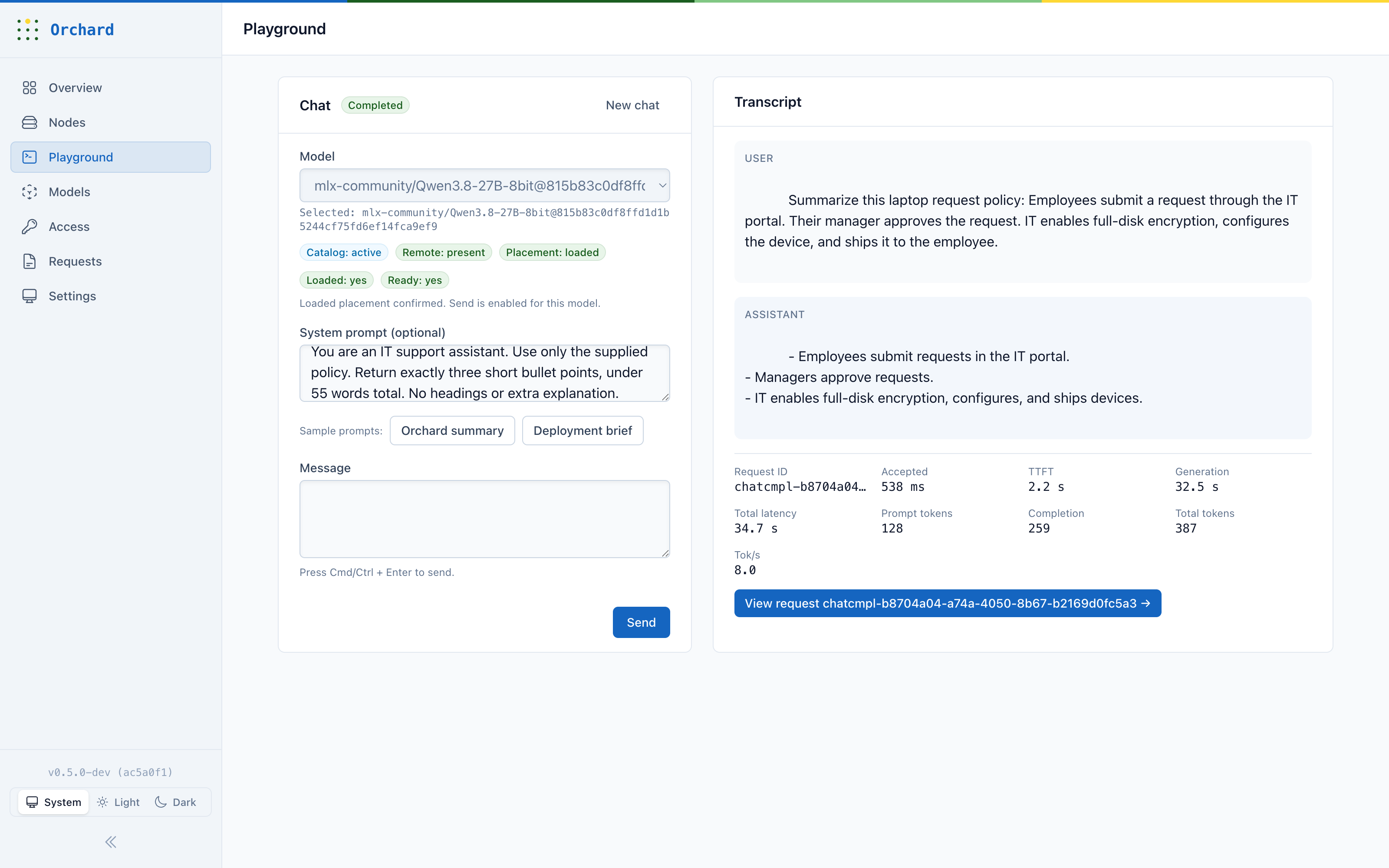 Orchard Console Playground showing a completed local model inference and request metrics